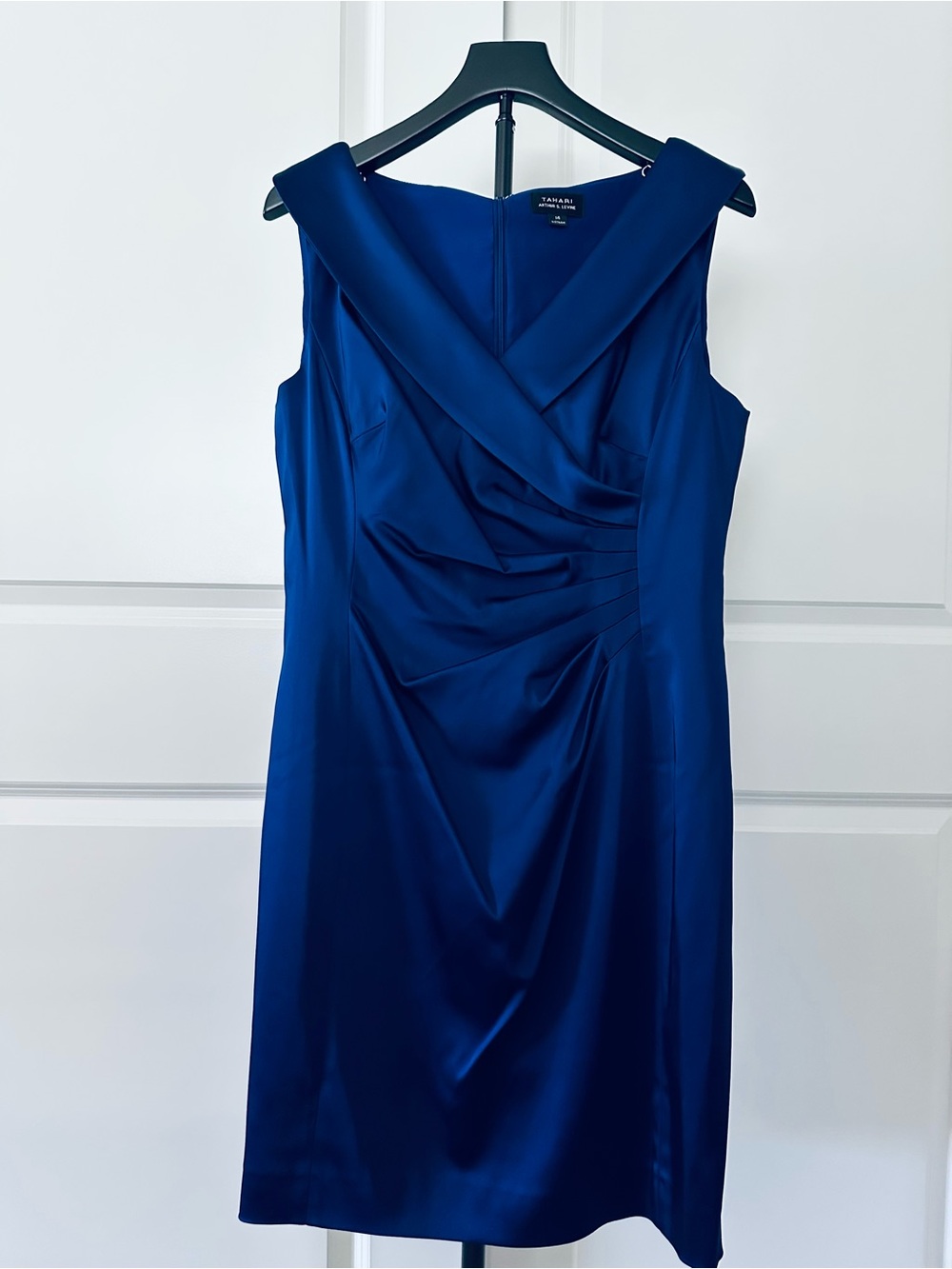 Women’s Tahari ASL Satin V-Neck Draped Midi Dress in Royal Blue Size 14